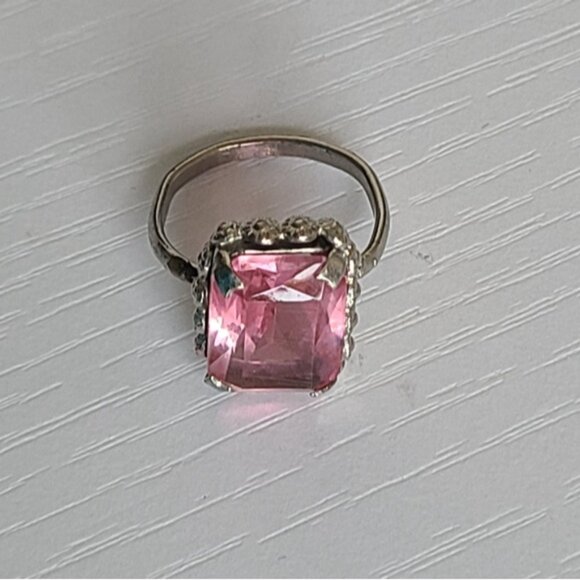 Vintage Boho Antique Sterling Silver Rectangle Pink Topaz Crystal Ring 6 - Picture 10 of 14